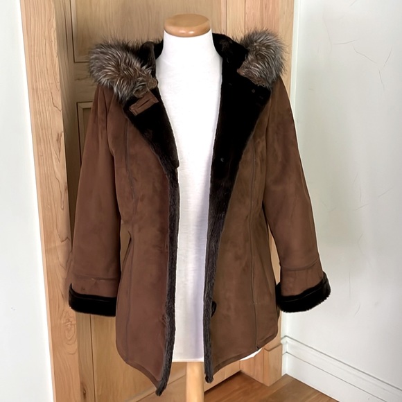 Vintage Tower by London Fog Brown Faux Suede Faux Fur Hooded Coat, Size S - Picture 11 of 16